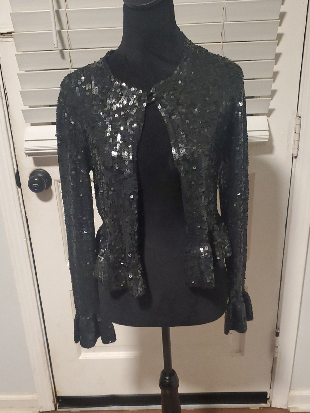 BCBGMaxAzria Black Sequin Peplum Cardigan